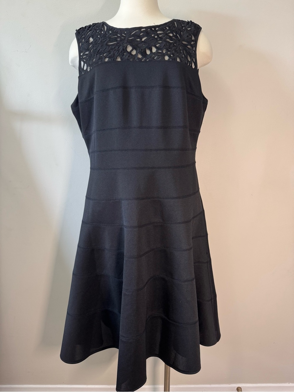 White House Black Market Black Sleeveless Fit-and-Flare Dress with Lace Yoke 16